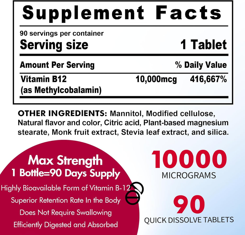 B12 Vitamins 10,000 mcg, Methylated Vitamin B12 Sublingual - Energy Boost, Focus, Metabolism & Brain Health Support, Immune System Support, Fast Dissolve, Natural Strawberry Flavor, 270 Servings