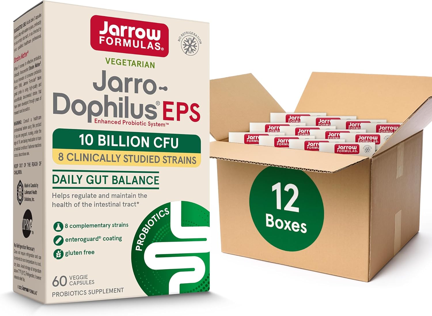 Jarrow Formulas Jarro-Dophilus EPS Probiotics 10 Billion CFU, Dietary Supplement for Intestinal Tract Support, Gut Health Supplements for Women and Men, 60 Veggie Capsules, 30 Day Supply (Pack of 12)
