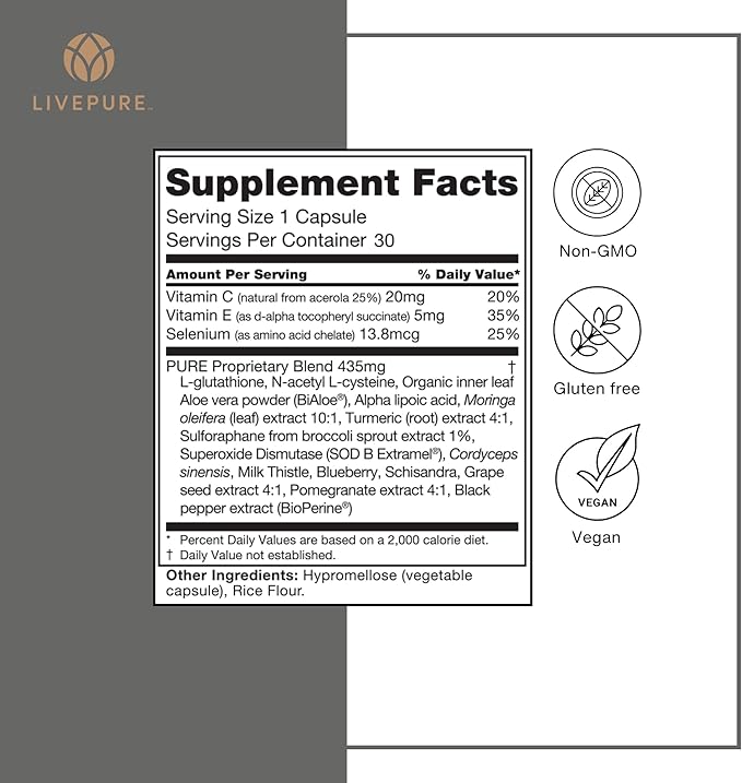 PURE PurXcel Antioxidant Supplement | 30 Capsules | Potent Antioxidant Blend with Glutathione & Superoxide Dismutase | Supports Skin, Joints & Natural Cleansing