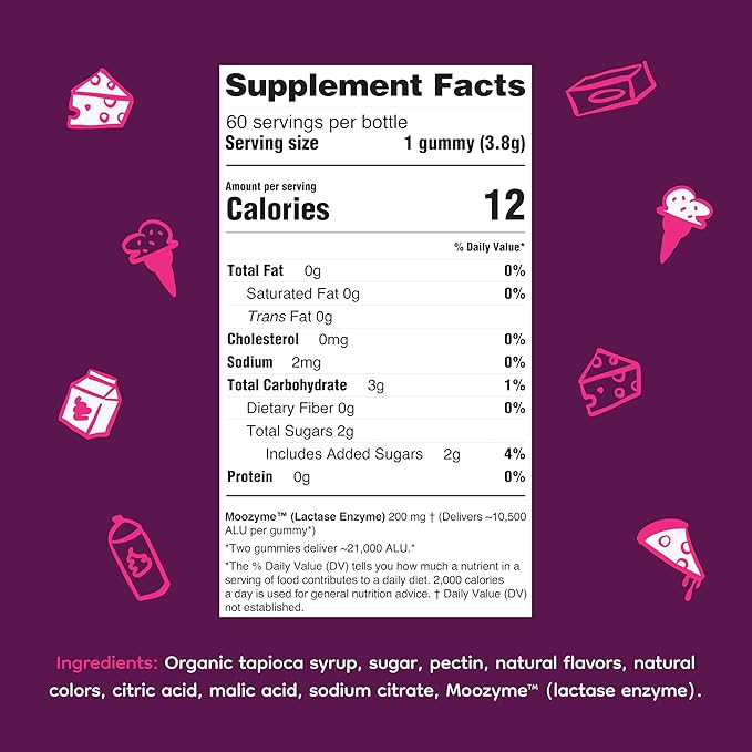 Lactase Enzyme Gummies 9000+ FCC 30 Count – Digestive Enzyme Supplement for Dairy Foods, Chewable Lactase Support, Vegan, Kosher, Made in USA | Moozyme™