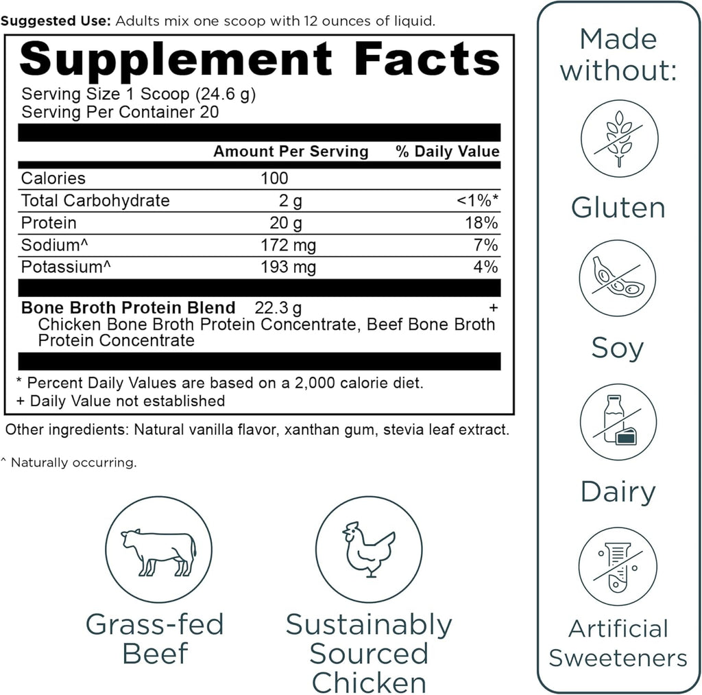 Ancient Nutrition Grass Fed, Cage Free, Bone Broth Protein Powder, 20g Protein, Hydrolyzed Collagen Peptides, Keto & Paleo Friendly, Supports Joint, Gut Health, Vanilla, 20 Servings