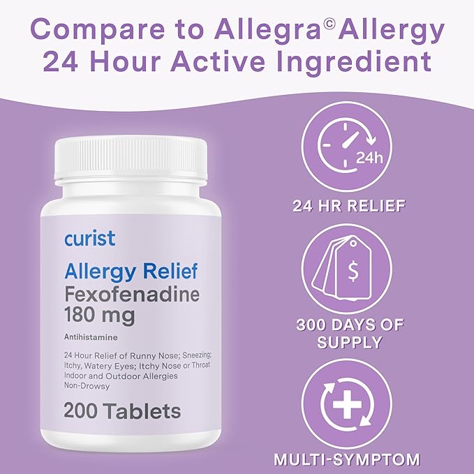 Curist Fexofenadine Hydrochloride 180mg (200 Tablets) Non Drowsy Allergy Medication - 24 Hour All Day Allergy Relief Tablets for Runny Nose, Itchy Eyes and Throat - Hay & Cedar Fever (200 Tablets)