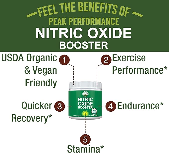 USDA Organic Plant Based Nitric Oxide Booster Powder Supplement For Men & Women. Caffeine Free Supplements 5 Top Organic Ingredients. Beet Root, Tart Cherry, Acerola Cherry, Pomegranate, Red Ginseng