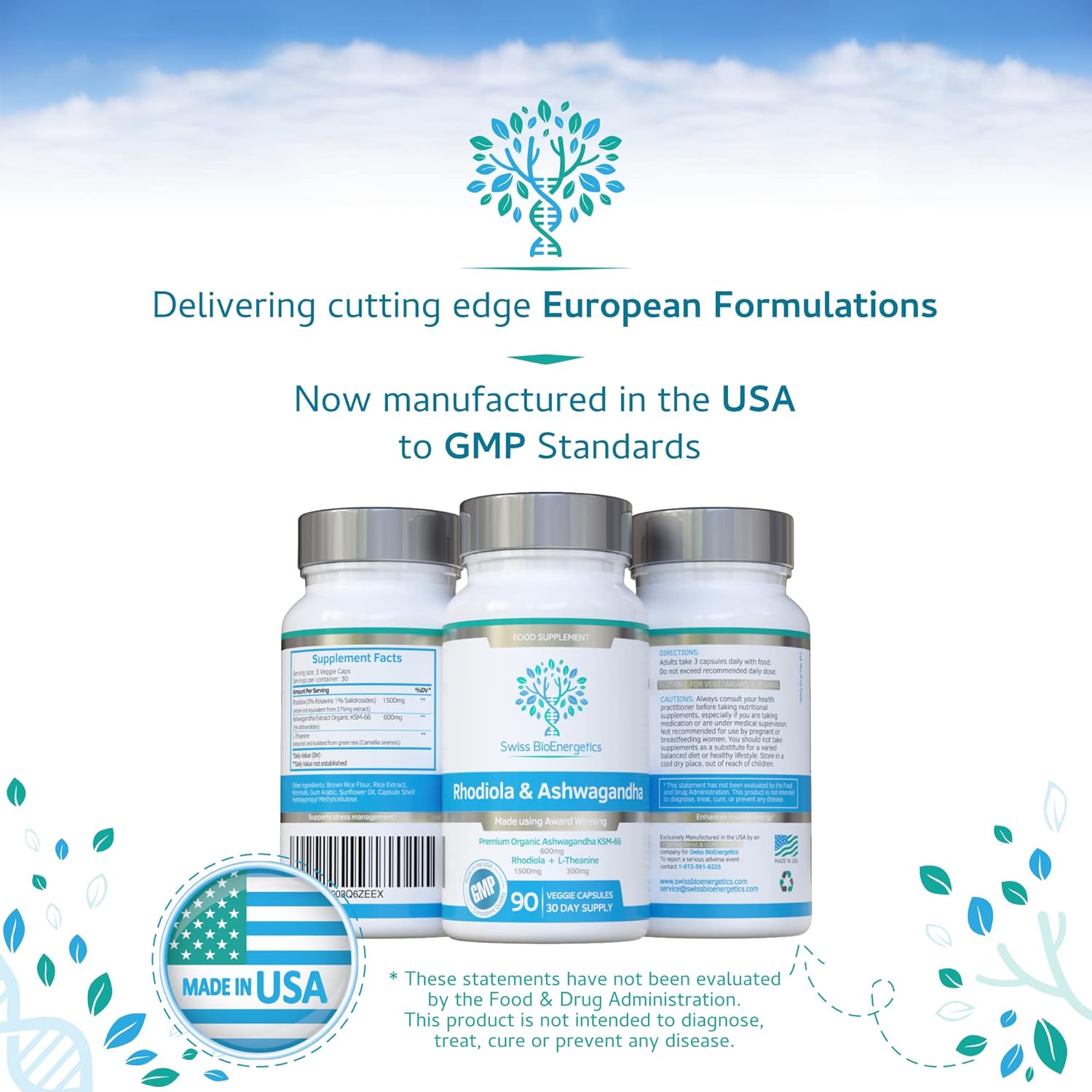 Rhodiola & Ashwagandha with L-Theanine - Award Winning Ashwagandha KSM-66 600mg & 1500mg Rhodiola (3% Rosavins - 1% Salidrosides) whole root equivalent- adaptogen combo- No artificial fillers
