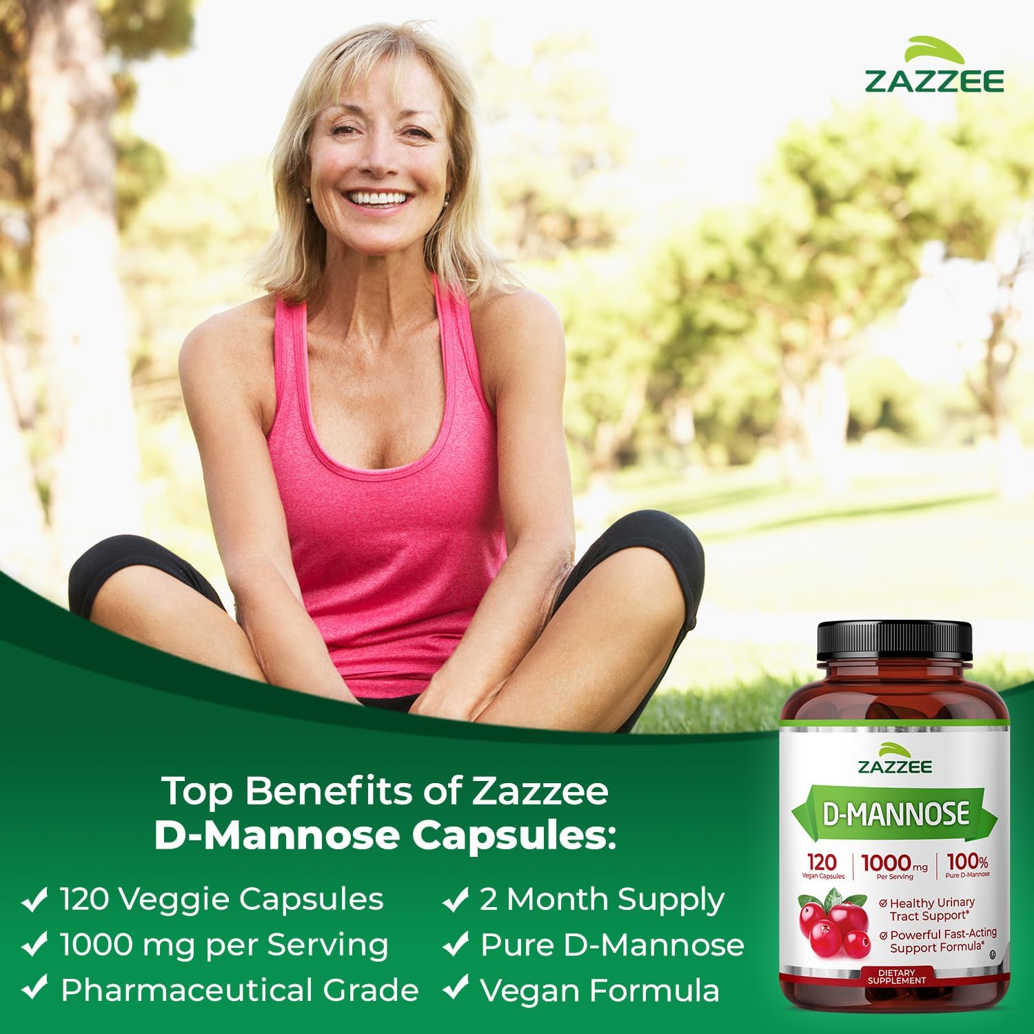 Zazzee D-Mannose, 1000 mg per Serving, 120 Vegan Capsules, 2 Month Supply, Potent & Fast-Acting, Certified Kosher, 100% Pure, All-Natural Urinary Tract Health Support, 100% Vegetarian, Non-GMO