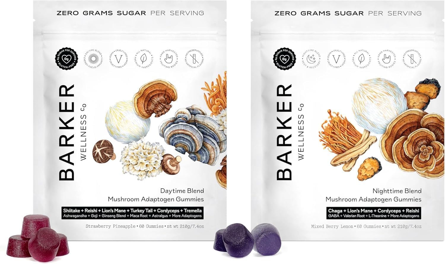 Barker Wellness Daytime & Nighttime Mushroom Gummies Bundle - Sugar-Free, Vegan with Reishi, Lion's Mane, Cordyceps - Focus, Energy, Relaxation & Sleep Support - 120 Count