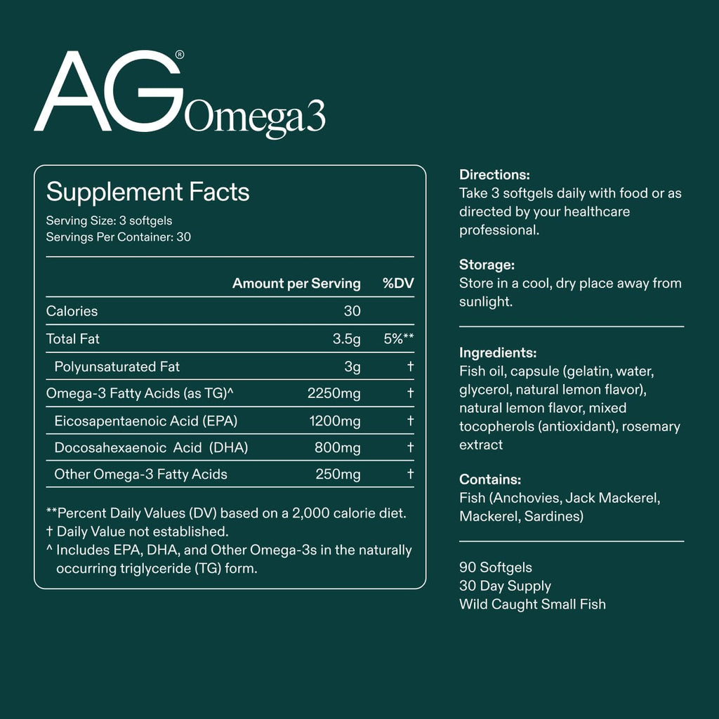 AG1 Omega 3 Fish Oil Softgels – 2000mg EPA & DHA from Wild-Caught Fish, Supports Heart, Brain & Joint Health | 90 Capsules | Athletic Greens Supplement