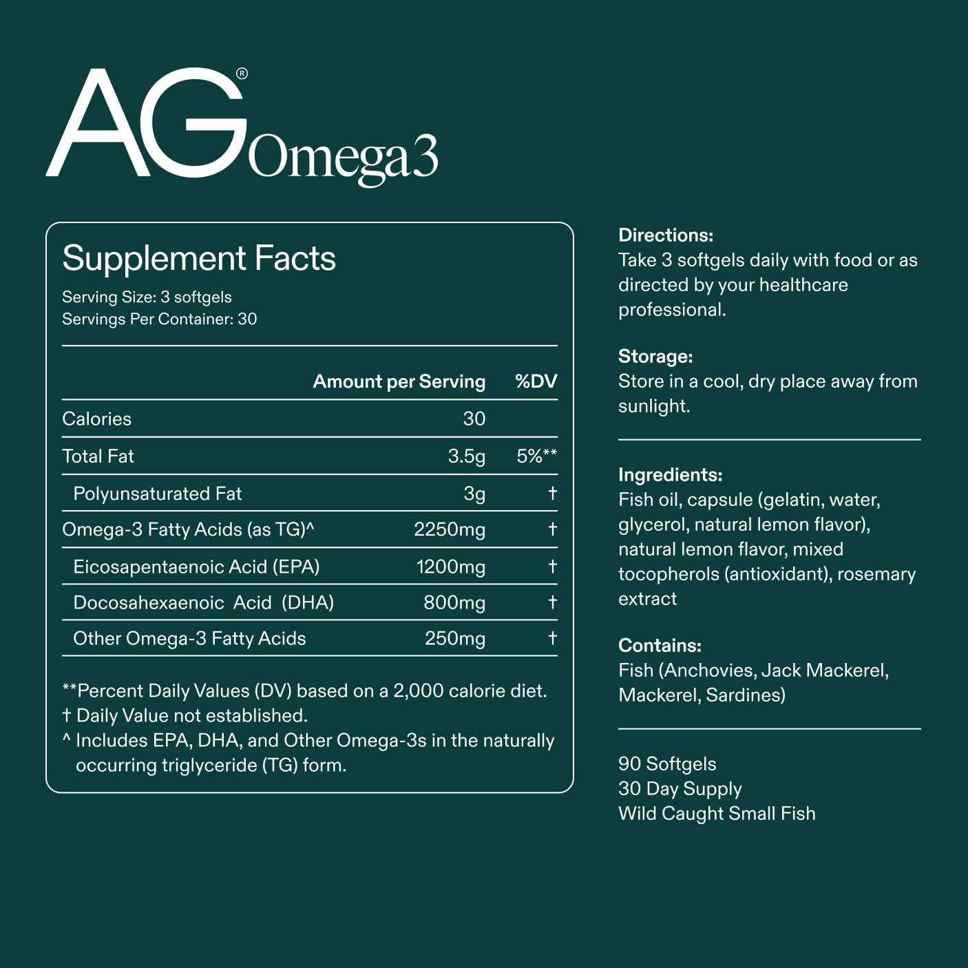 AG1 Omega 3 Fish Oil Softgels – 2000mg EPA & DHA from Wild-Caught Fish, Supports Heart, Brain & Joint Health | 90 Capsules | Athletic Greens Supplement