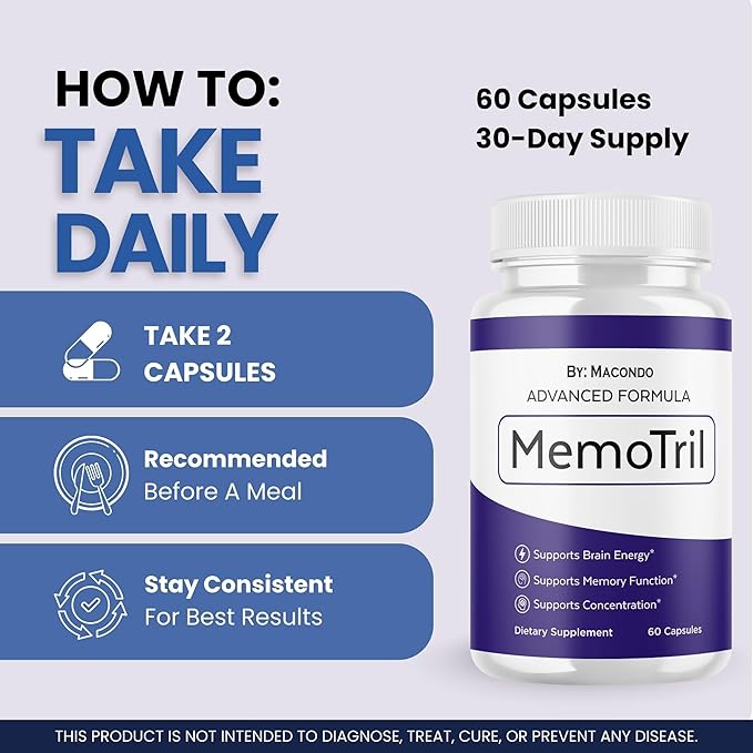 (3 Pack) Memotril Capsules - Official Memo Tril Advanced Brain Health Supplement Support, All Natural Formula Vitamins for Overall Health & Wellness - 180 Capsules for 3 Months