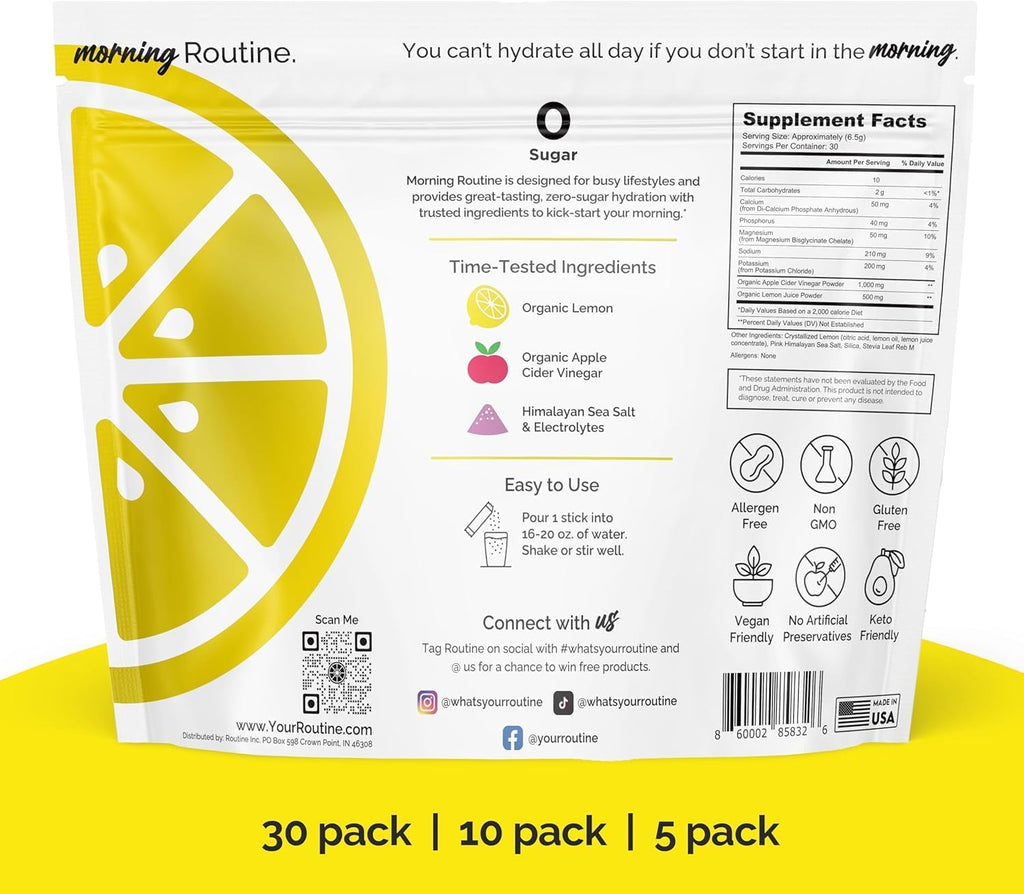 ROUTINE Morning Daily Hydration | Electrolyte Powder Packets with Apple Cider Vinegar, Lemon, and Sea Salt | Keto & Paleo-Friendly Electrolyte Drink Mix (30 Pack)