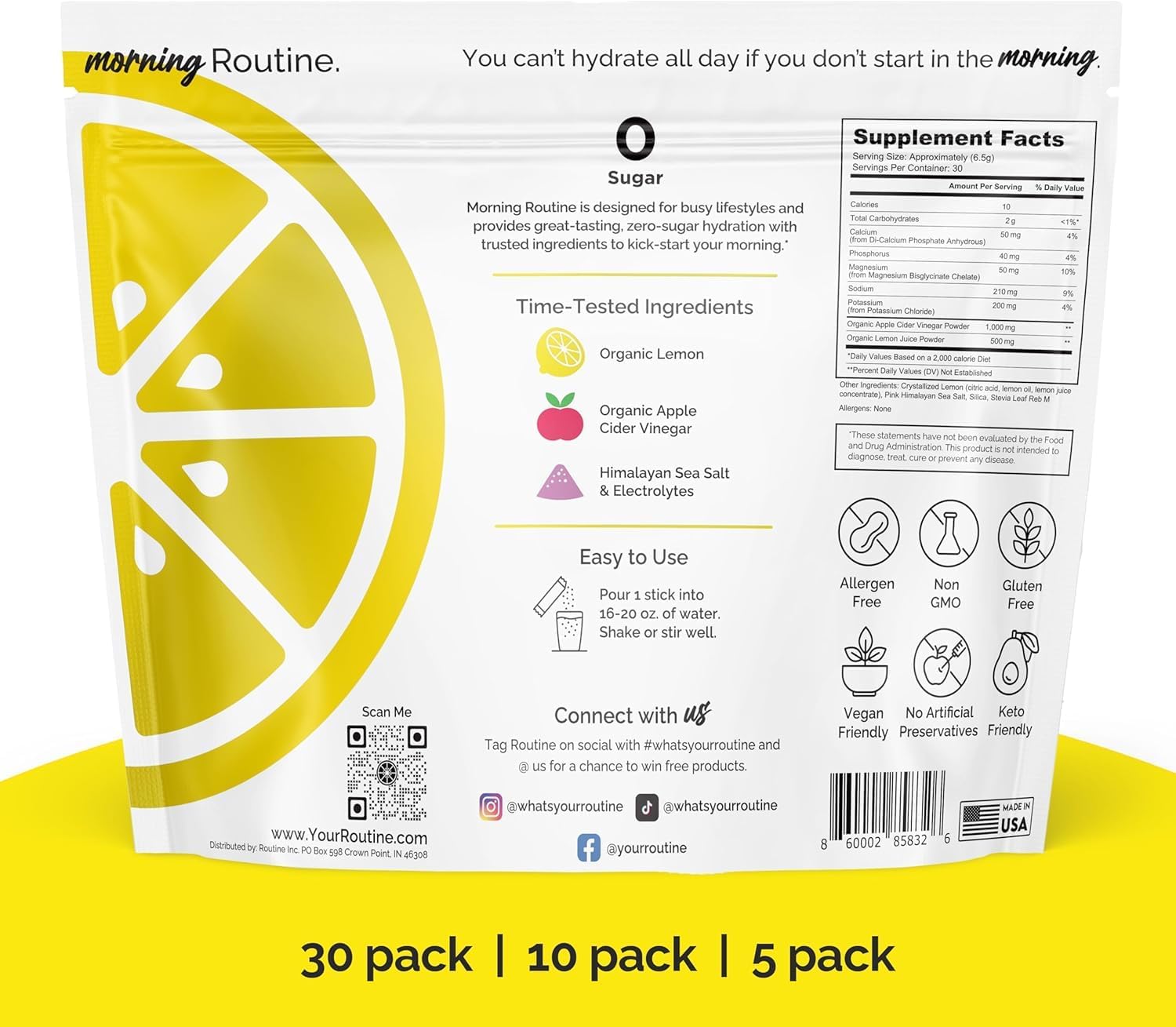 ROUTINE Morning Daily Hydration | Electrolyte Powder Packets with Apple Cider Vinegar, Lemon, and Sea Salt | Keto & Paleo-Friendly Electrolyte Drink Mix (30 Pack)