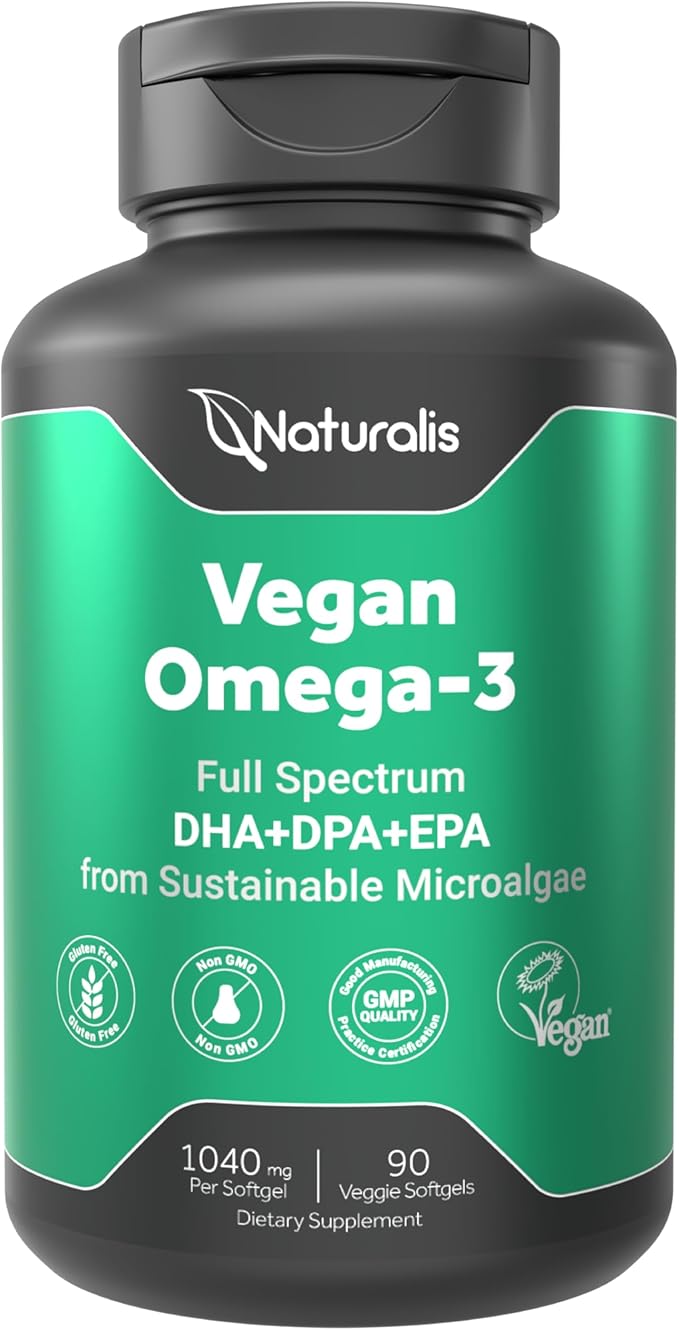 Naturalis Double Strength Vegan Omega 3 DHA, EPA & DPA from Microalgae | Vegan Society Certified, Sustainably Sourced, True Full Spectrum | 90 Veggie Softgels (Carrageenan Free)