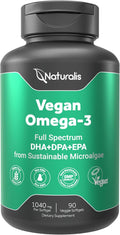 Naturalis Double Strength Vegan Omega 3 DHA, EPA & DPA from Microalgae | Vegan Society Certified, Sustainably Sourced, True Full Spectrum | 90 Veggie Softgels (Carrageenan Free)