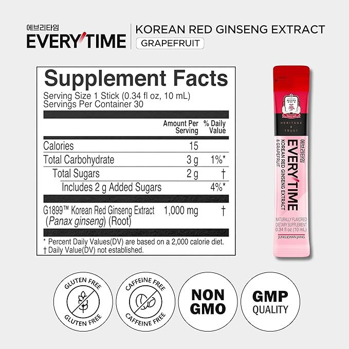 JUNG KWAN JANG Everytime Energy Boost Korean Red Ginseng Extract 1,000mg & Honey - Vegan Ginseng Energy Drink Liquid Stick Supplements - Builds Stamina & Immunity No Caffeine (10 Sticks, 0.34 fl oz)