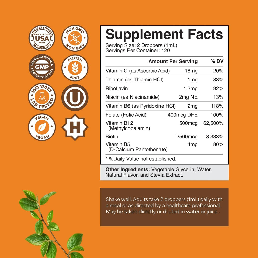 Vegan Vitamin B Complex Liquid - 9-in-1 Liquid B Complex Vitamins for Women & Men with B1 B2 B3 B5 B6 B7 Folate Methyl B12 Plus Vitamin C - Super Concentrated Non GMO & Naturally Flavored (240svg)