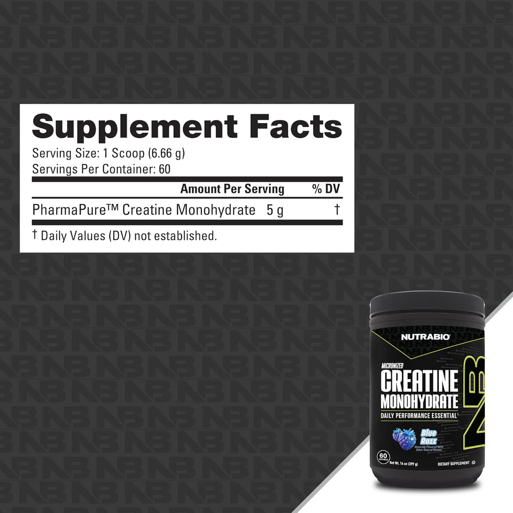 NutraBio Pure Micronized Creatine Monohydrate Powder Supplement, Blue Razz Burst(300 g) - Supports Bulk Muscle Energy, Recovery, and Strength - HPLC Tested Creatine Powder Supplement for Men and Women