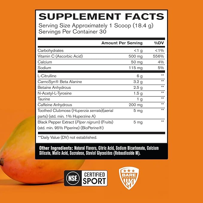 BARE PERFORMANCE NUTRITION BPN Flight Pre Workout, Supports Energy and Mental Focus, Improved Endurance & Muscle Pumps with CarnoSyn® Beta Alanine, Mango, 30 Servings