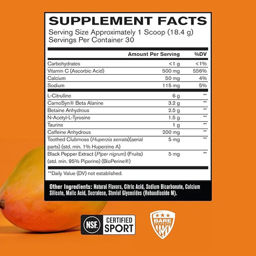 BARE PERFORMANCE NUTRITION BPN Flight Pre Workout, Supports Energy and Mental Focus, Improved Endurance & Muscle Pumps with CarnoSyn® Beta Alanine, Mango, 30 Servings