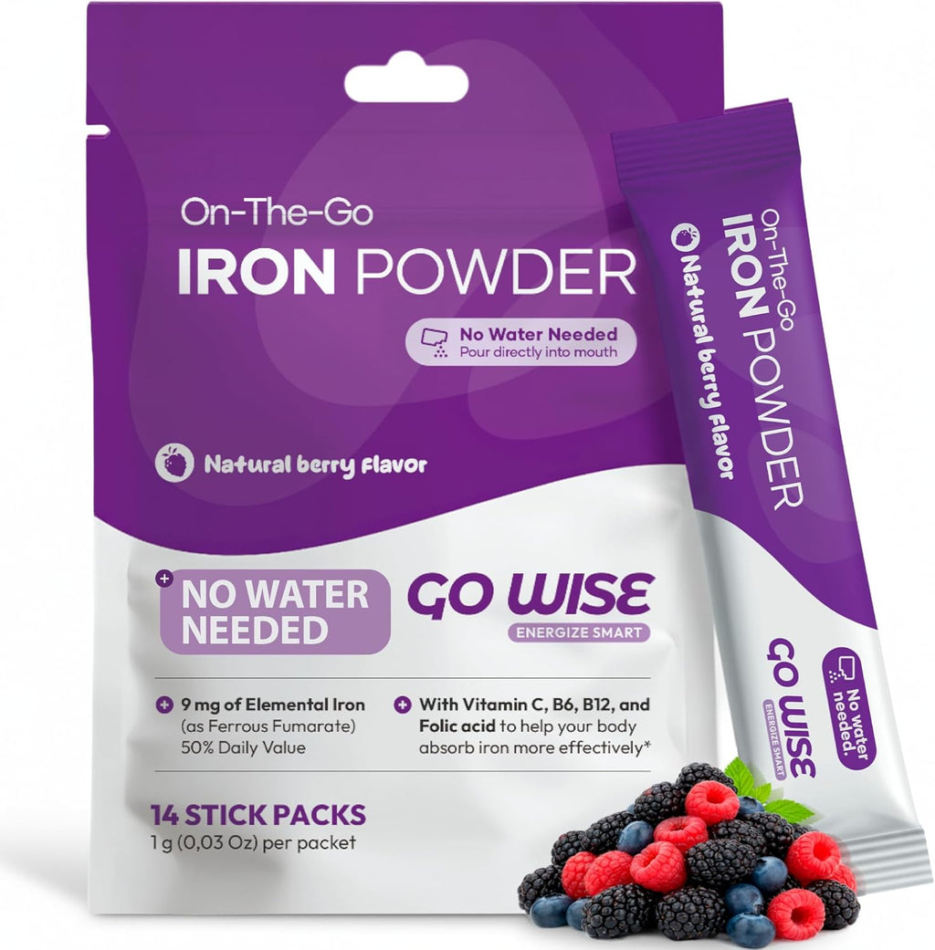 Go Wise Iron Powder - 14 Stick Packs with Vitamin C, B6, B12 and Folic Acid for Direct Consumption, No Water Needed - Gentle Iron Supplement for Women and Adults - Pack of 3