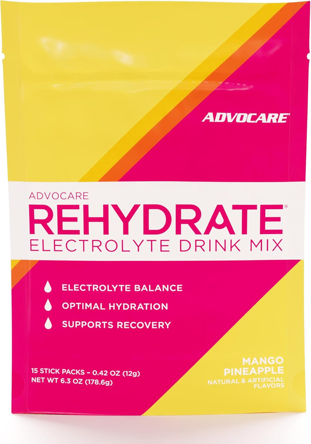 AdvoCare Rehydrate - Electrolyte Drink Mix - Includes Magnesium, Sodium, Potassium & Calcium - Antioxidant & Amino Acid Fortified - Hydration & Recovery - Mango Pineapple, 15 Stick Packs (6.3 oz)