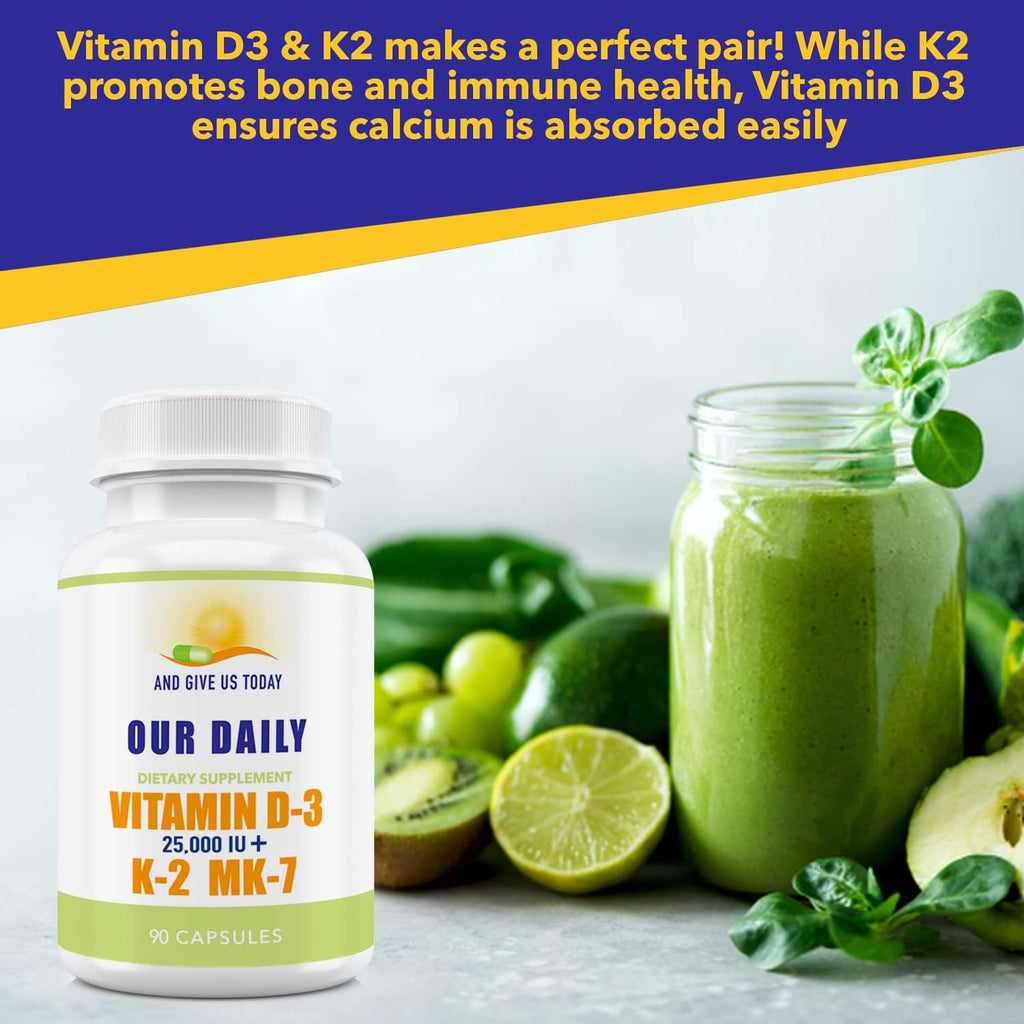 Our Daily Vites Vitamin D-3 25,000 IU + K2 - High Potency D3 with Vitamin K Bone, Immune, Mood + Cardiovascular Support Supplement