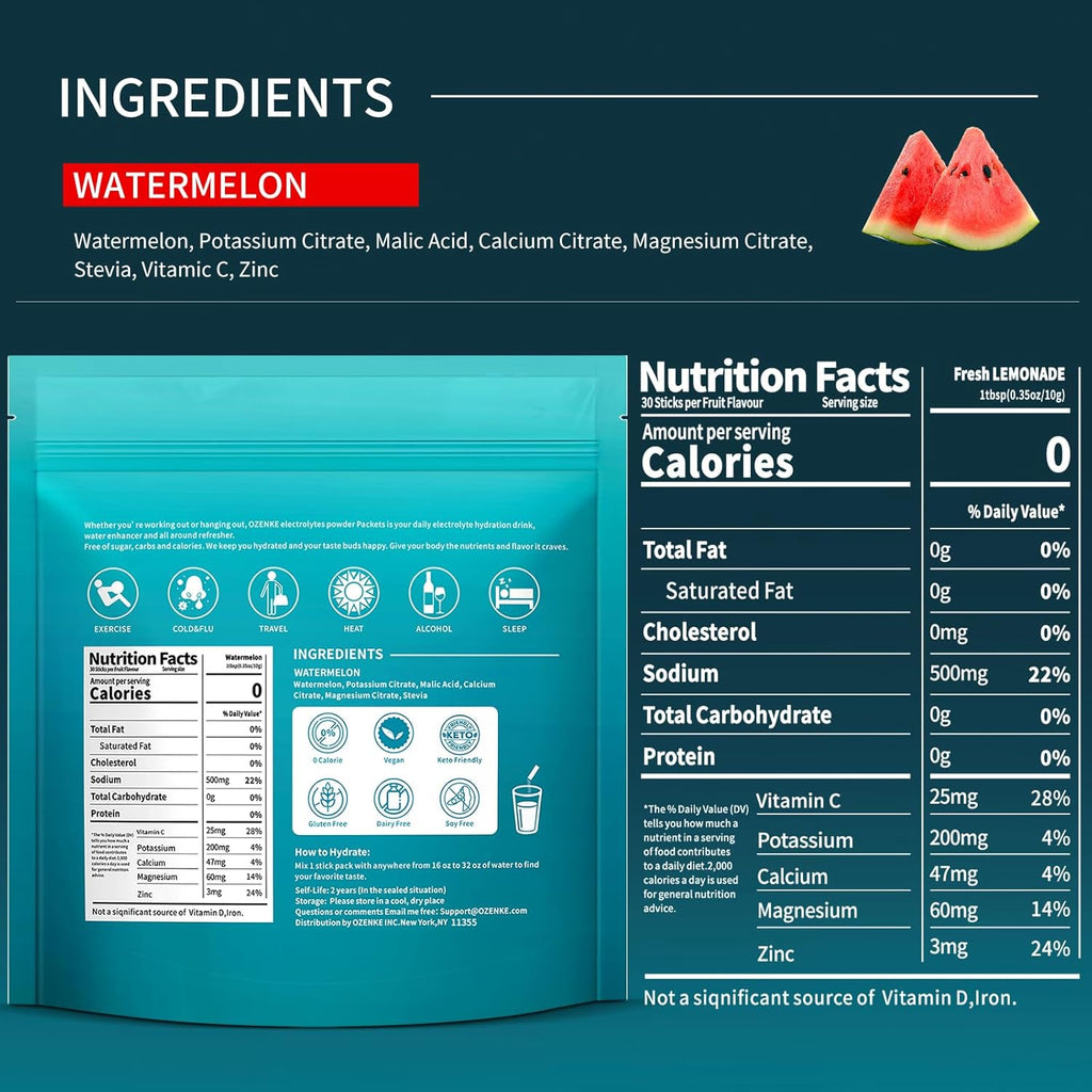 Electrolytes Powder Packets,30 Sticks Hydration Packets Sugar Free, Electrolyte Drink Mix Portable Electrolyte Packets for Rapid Hydration, 0 Sugar & 0 Calorie, Watermelon Flavor