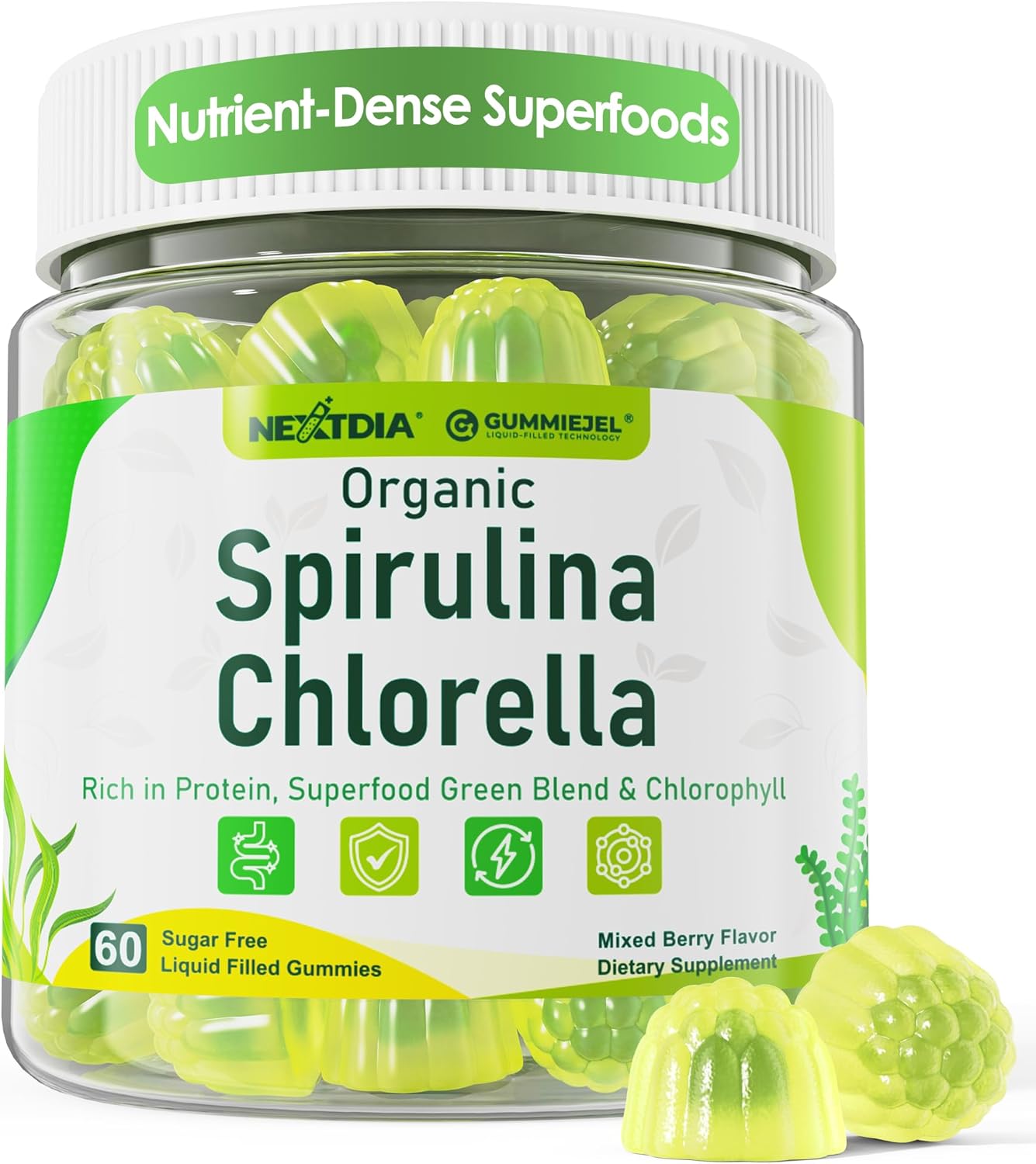 Organic Spirulina Chlorella Gummies, Nutrient-Dense Superfood Rich in Vegan Protein, Super Greens & Chlorophyll + Vitamin C & D3, Zinc, B12 for Natural Energy, Powerful Antioxidants, Sugar Free,60 Cts
