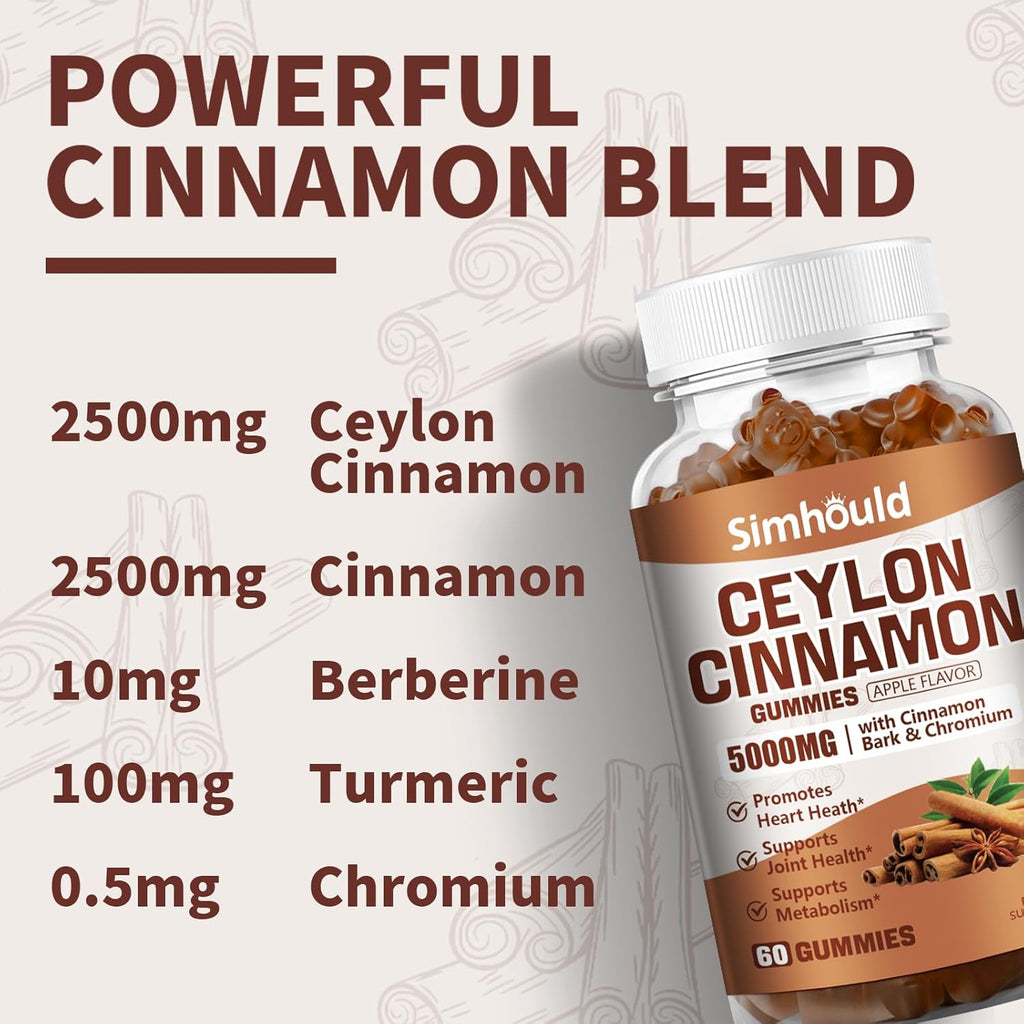 2 Pack Ceylon Cinnamon Gummies 5000MG with Ceylon Cinnamon & Cassia,Joint Support,Cinnamon Supplement & Brain Health,Vegan,Gluten-Free,Cinnamon Apple Flavor,120 Gummies.