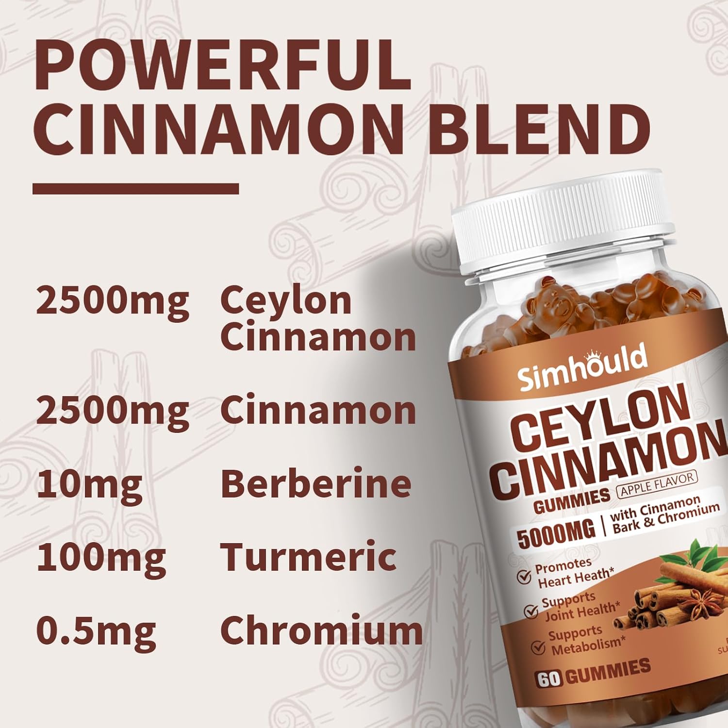 2 Pack Ceylon Cinnamon Gummies 5000MG with Ceylon Cinnamon & Cassia,Joint Support,Cinnamon Supplement & Brain Health,Vegan,Gluten-Free,Cinnamon Apple Flavor,120 Gummies.