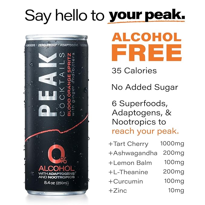 Peak Cocktails Non-Alcoholic Cocktail | Adaptogens, Nootropics, Superfoods for Recovery, Calm, Sleep | Ashwagandha, Tart Cherry, L-Theanine | Mixologist-crafted | Blood Orange Spritz | 8.4 oz, 24-Pack