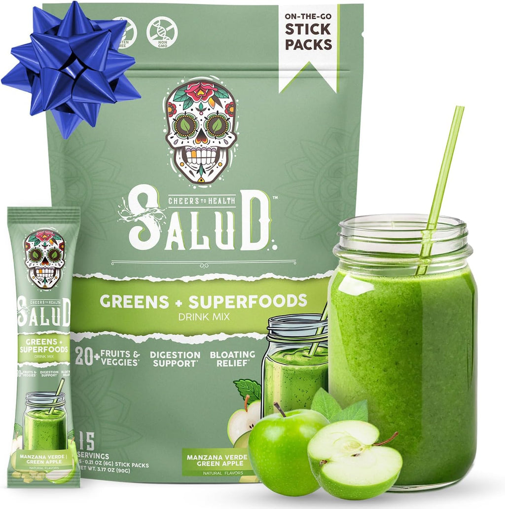 Salud 2-in-1 Greens Powder + Superfood Drink Mix Packets, 20+ Fruits and Veggies, Probiotics, Prebiotics, Supports Digestive Health, Bloating Relief, Vegan, Green Apple (15 Servings)