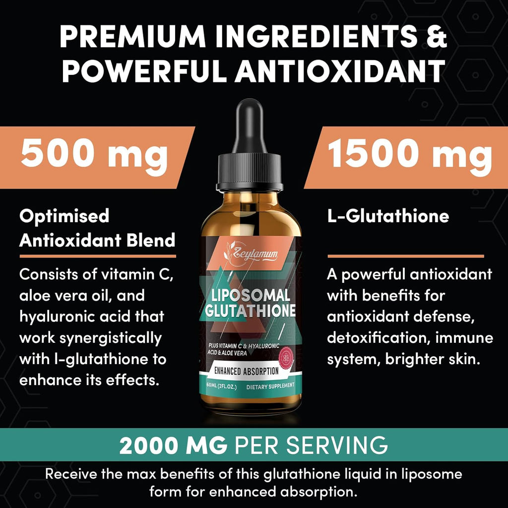 2000MG Liposomal Glutathione Liquid Drops, Ultra High Absorption, Natural Detoxification, Immune System & Skin Supprot*, L-Glutathione, Vitamin C & Hyaluronic Acid, Capsules Alternative, 12.12 OZ
