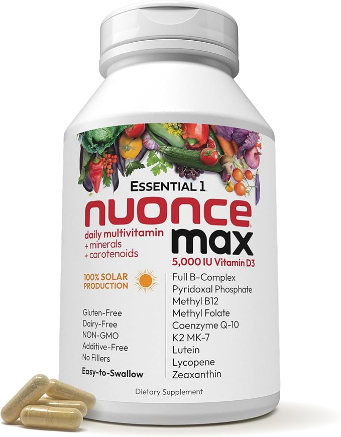 ANDREW LESSMAN Essential-1 nuonce max Multivitamin 5000 IU Vitamin D3 60 Small Capsules. 100 mcg Methyl B12. CoQ10 Lutein Lycopene Zeaxanthin. High Potency. No Additives. Ultra-Mild One Daily Capsule
