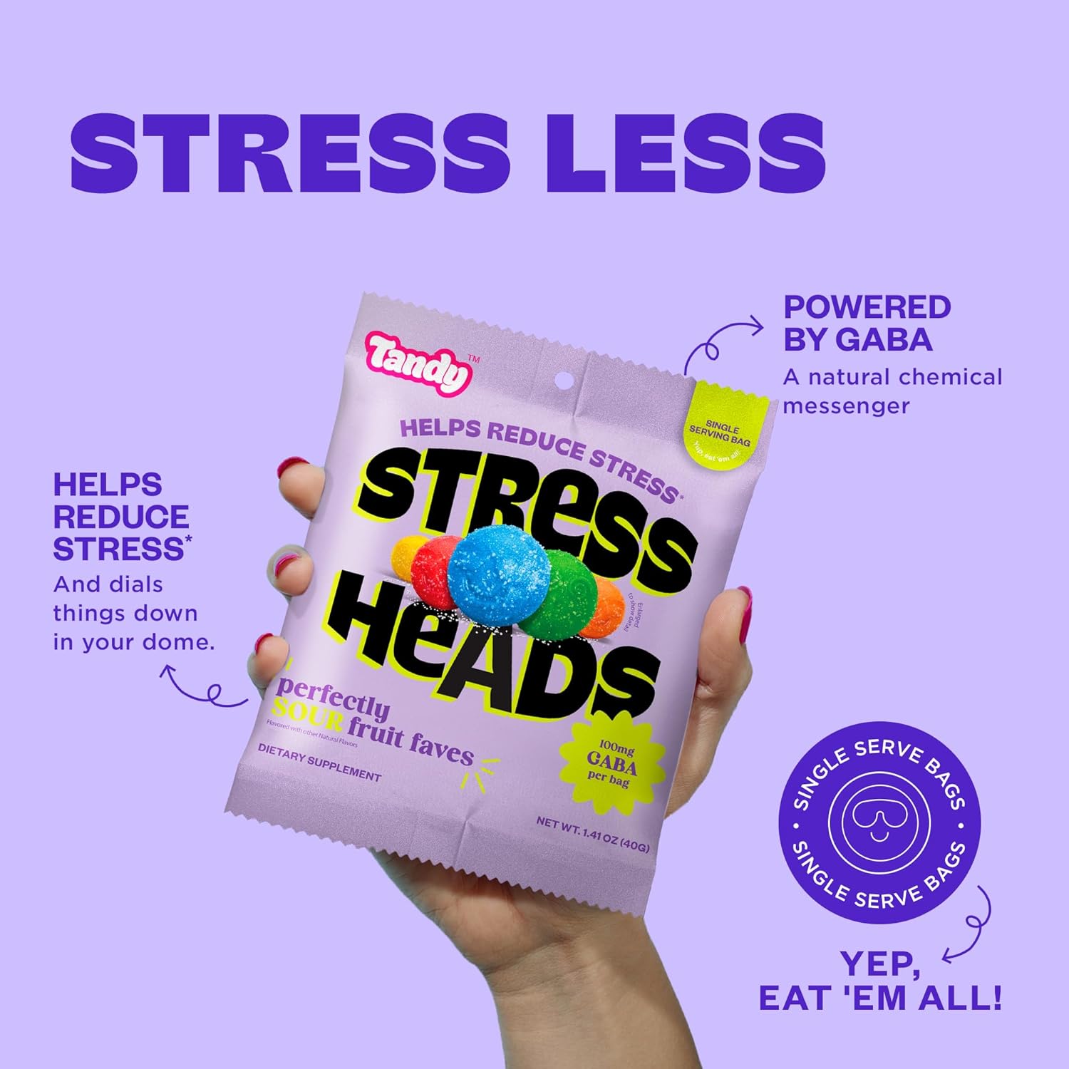 Tandy Stress Heads GABA Amino Acids Gummies I Perfectly Sour Fruit Faves Flavor Gummies Helps Support Stress Relief I Gluten-Free Fast-Acting Dietary Supplement Gummy I 6-Pack