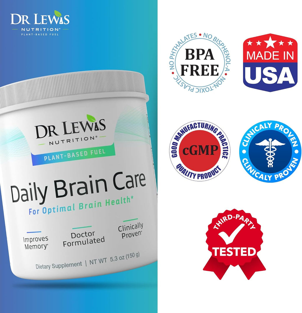 Brain Supplements for Memory and Focus – Dr Lewis Daily Brain Care Powder with Aloe Vera – Plant-Based Nootropic and Energy Supplement for Brain Fog, Mental Clarity, and Immune Support – Powder, 150g