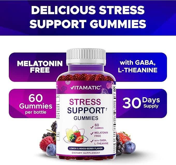 Vitamatic Stress Relief Gummies with GABA, L-Theanine, Lemon Balm – Lemon & Mixed Berry Flavor – 60 Gummies – Vegan, Non-GMO, Gluten-Free
