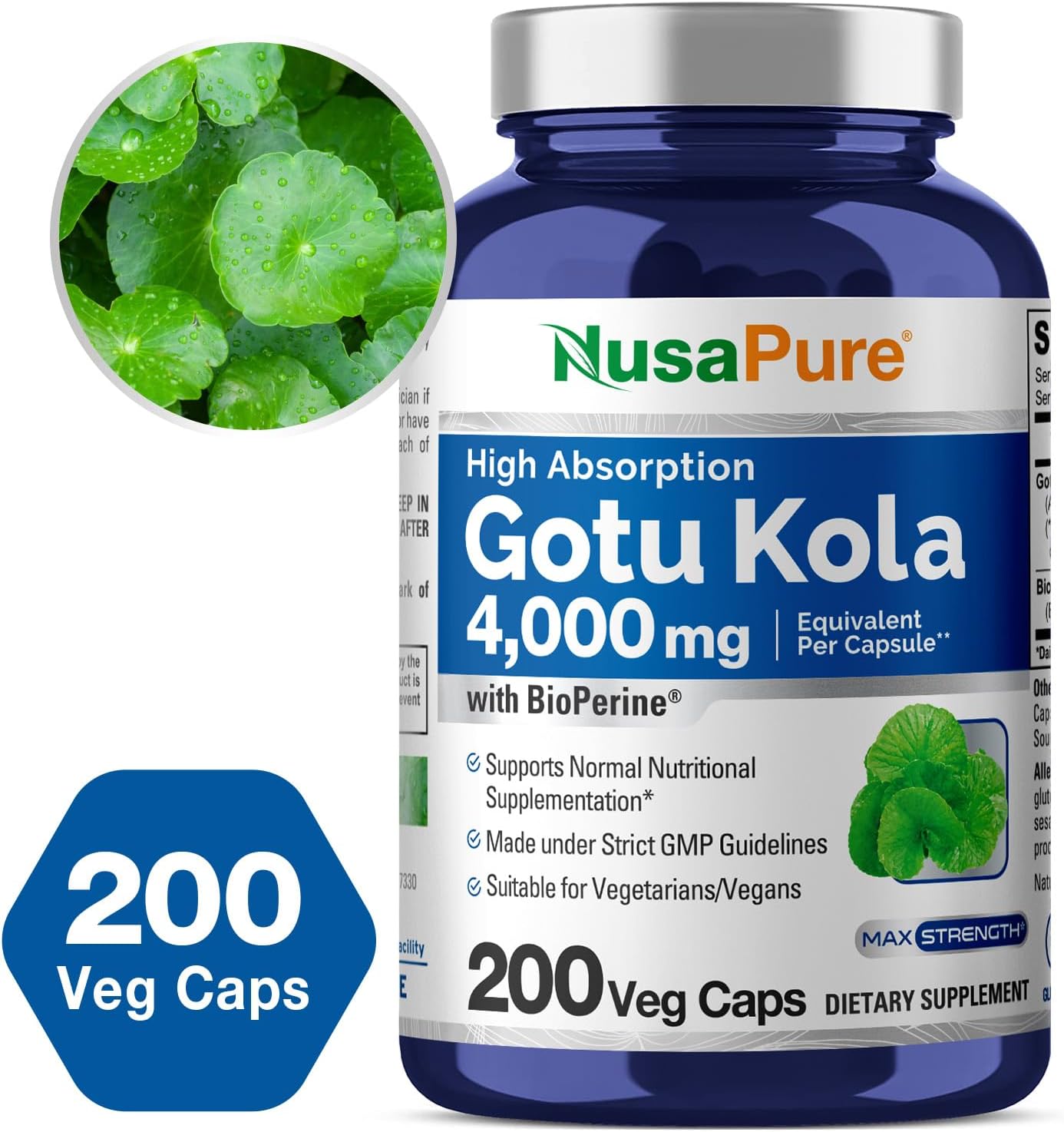 NusaPure Gotu Kola Capsules 20:1 Extract, 200 mg Equivalent to 4000mg Per Veggie Caps, 200 Count, Non-GMO, Vegan, Bioperine - Traditional Herb Extract