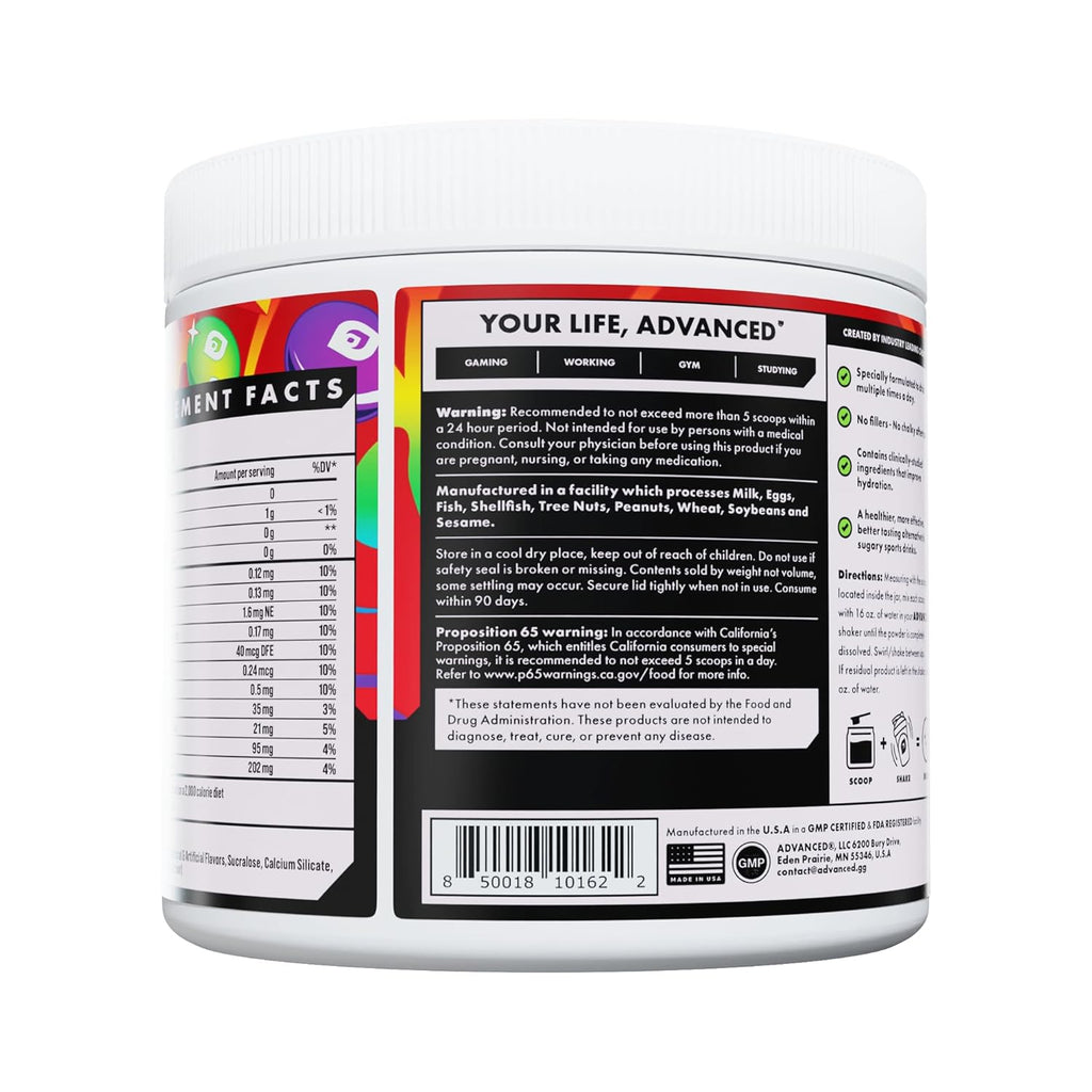 Advanced Hydration High-Performance Electrolyte Drink Mix with B Vitamins for All-Day Hydration - Caffeine Free, Zero Calories, Sugar Free, & Keto Friendly - (30 Servings, Rainbow Candy)