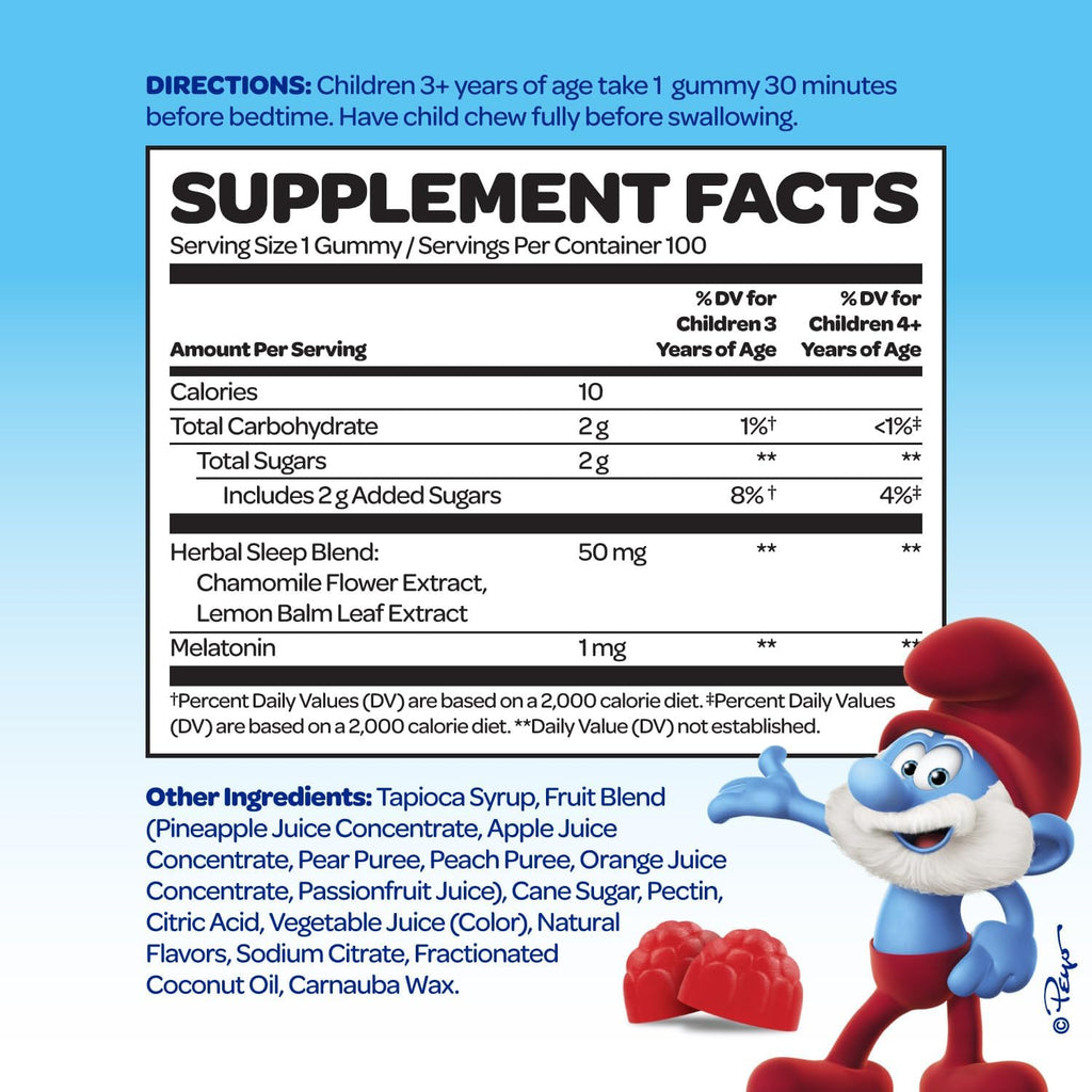 The Smurfs Gummies for Kids with Chamomile & Lemon Balm for a Restful Sleep Age 3+ | Non-Habit Forming | Made with Real Fruit in a Smurf Berry | Doctor Developed | 100 Gummies (100 Count, Melato)