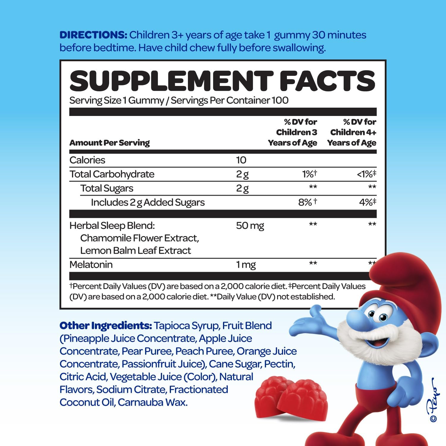 The Smurfs Gummies for Kids with Chamomile & Lemon Balm for a Restful Sleep Age 3+ | Non-Habit Forming | Made with Real Fruit in a Smurf Berry | Doctor Developed | 100 Gummies (100 Count, Melato)