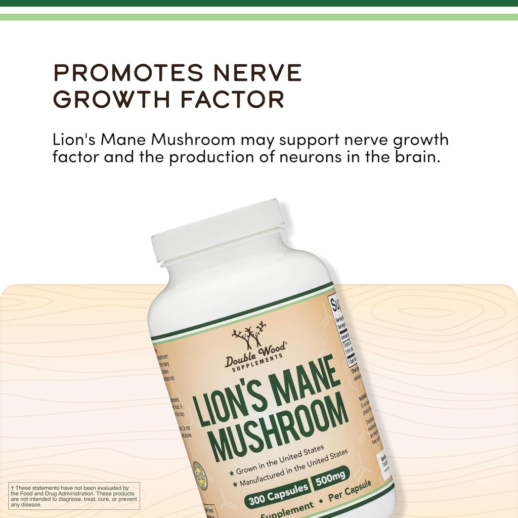 Organic Lions Mane Mushroom Capsules (300 Count), for Focus Support and Immune Health, Third Party Tested and Grown in The USA - by Double Wood