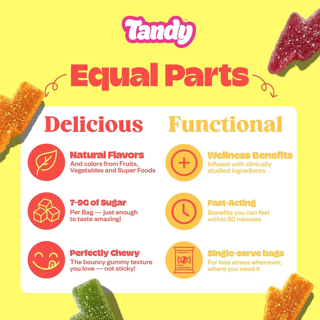 Tandy Energy Bursts Caffeine Gummies I Energy Boost Gummies with Zesty Fruit Blast Flavor I Caffeine from Green Tea Extract I Gluten-Free Fast-Acting Dietary Supplement Gummy I 6-Pack