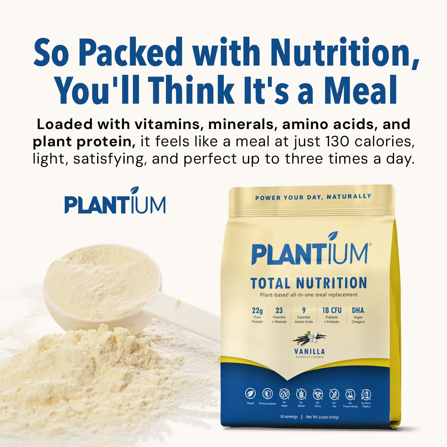 Plantium Total Nutrition, Premium All-in-One Meal Replacement Shake, Plant-Based Protein Powder with Vitamins, Minerals & Probiotics, 22g Protein per Serving, Vanilla