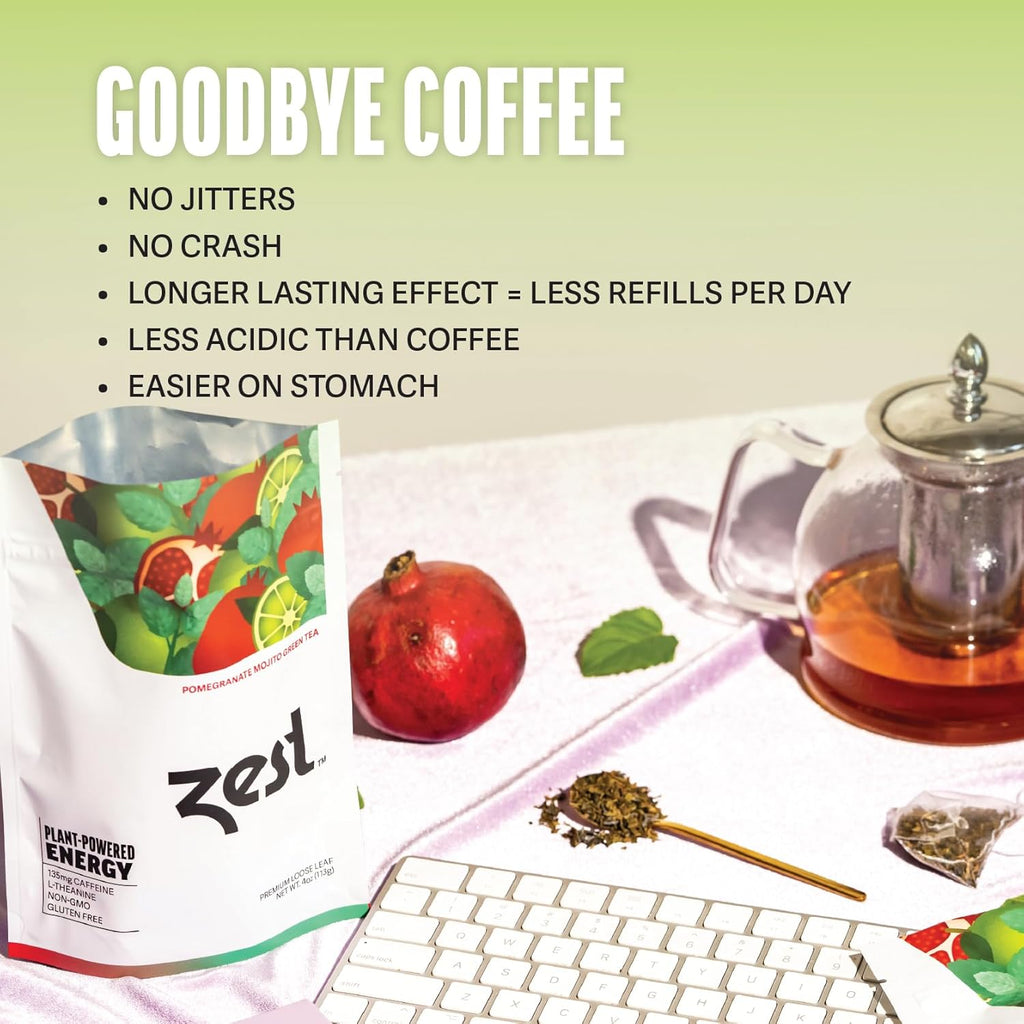 Zest Energy Green Tea - Pomegranate Mojito - High Caffeine Peppermint Tea Bags - Caffeinated Coffee Altnernative/Substitute - Natural, Non-GMO & Keto Friendly - Hot or Iced - 20Ct Pack - 135mg Caf