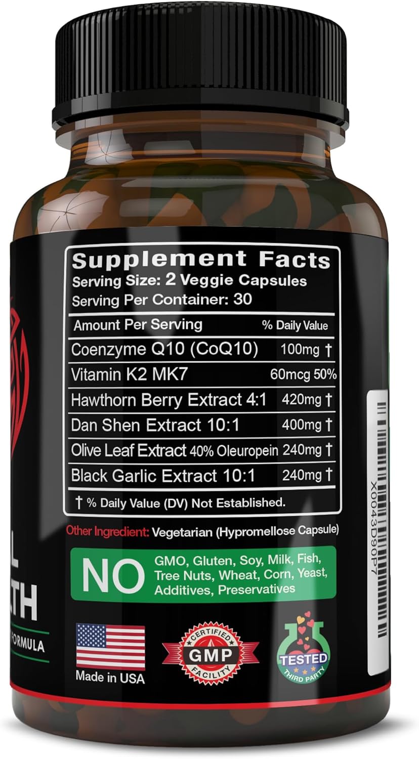 Eternal Health Blood Pressure Support Supplement – Heart Health & Blood Circulation Formula with CoQ10, K2 MK7, Black Garlic, Hawthorn, Olive Leaf & Dan Shen – 60 Capsules