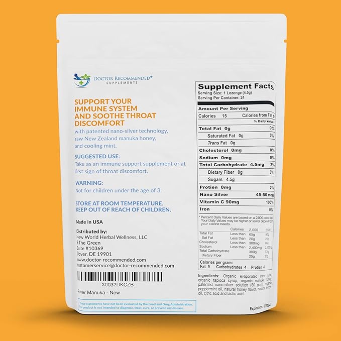 Silver Lozenges with Organic Manuka Honey and Vitamin C - All-Natural Nano Silver 45-50mcg of 60 PPM Colloidal Mineral Drops to Support Immune System, 72-Lozenges