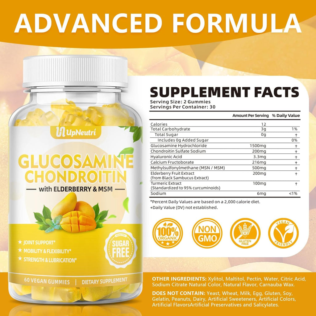 Sugar Free Glucosamine Chondroitin Gummies, Extra Strength 1500mg Glucosamine with Chondroitin MSM & Elderberry & Turmeric, Joint Support Supplement for Men & Women Move Free Joint Health