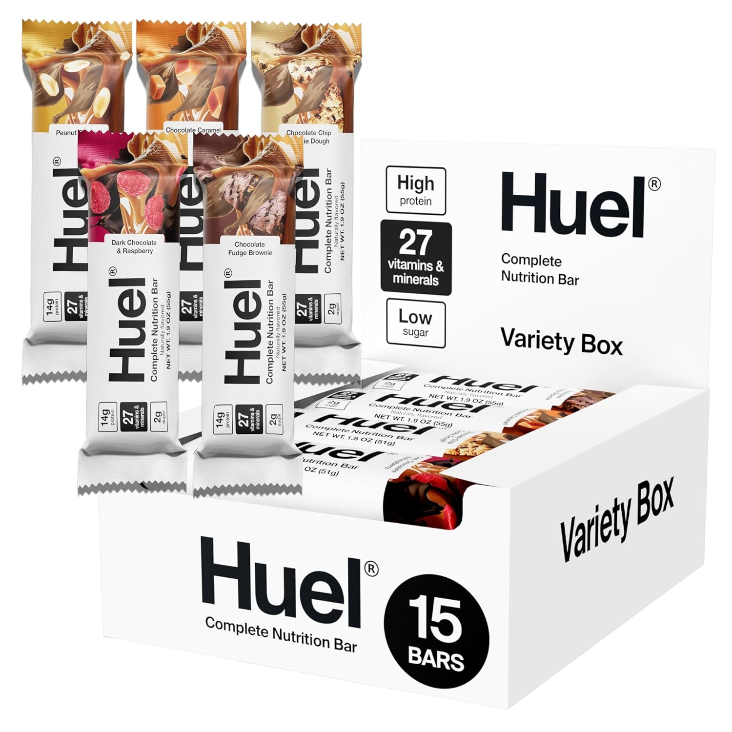 Huel Complete Nutrition Vegan Protein Bars | Variety Pack | 27 Vitamins & Minerals, 2g Sugar, Non-GMO, 100% Plant Based Snack | 15 Pack