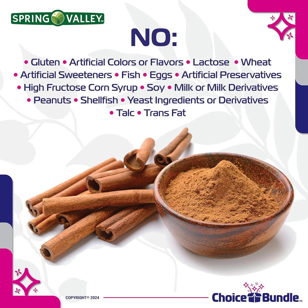 Choice Bundle Spring Valley Cinnamon Plus Chromium Capsules 1000 mg 180 Ct 4 Pk (720 Total) + Vitamin Vitality & Pill Container (6 Items)!