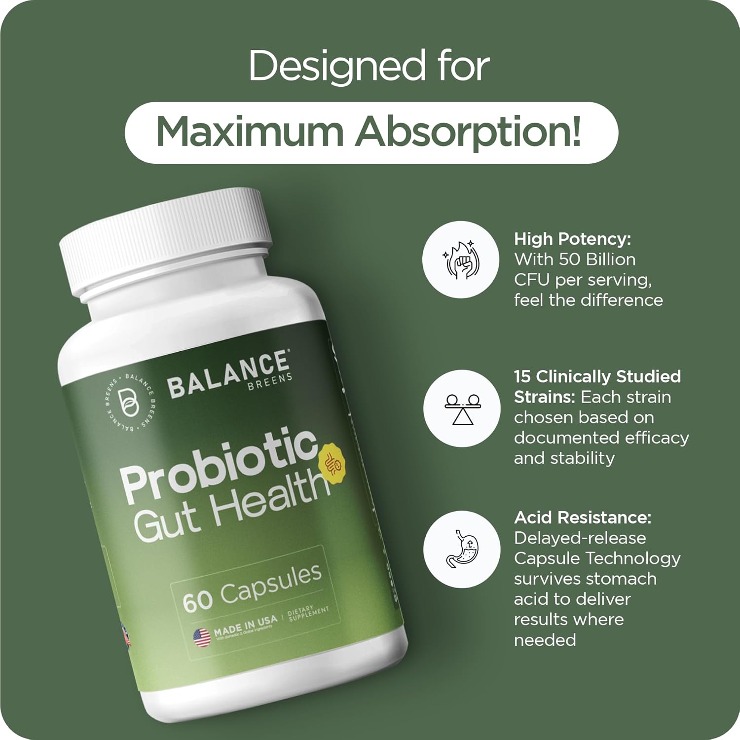 Probiotics 50 Billion CFU, 15 Strain Shelf Stable Formula with Targeted Release Technology, Digestive Health and Immune Support for Busy Professionals, 60 Vegetarian Capsules, 2 Month Supply